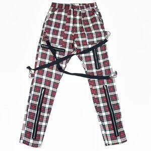 Urban Outfitters Tripp NYC Style red tartan plaid bondage pants Size Large L B34